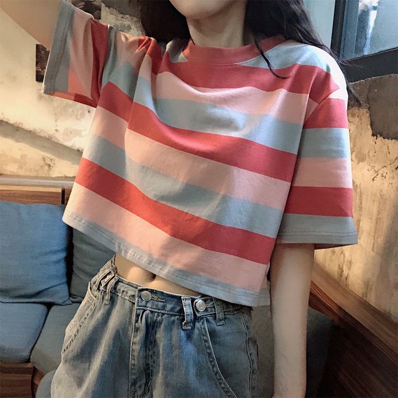 网红条纹短袖t恤女2025年夏季新款学生韩版宽松泫雅彩虹上衣ins潮