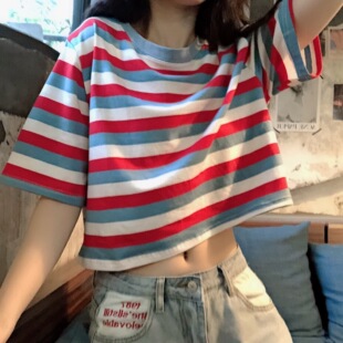 ins超火短袖T恤女2026宽松韩版潮原宿风bf学生条纹短款露脐上衣服