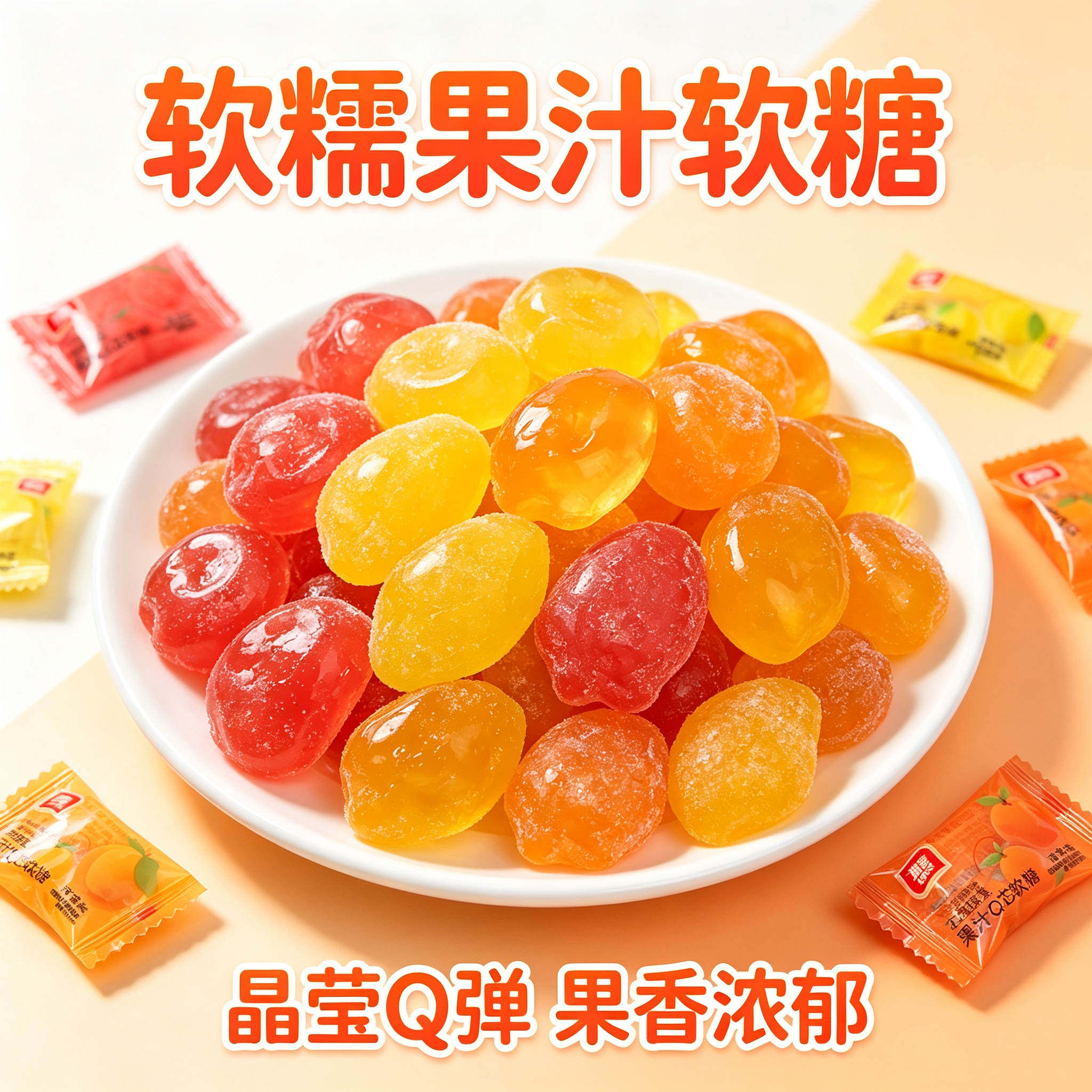 雅客果汁Q芯软糖 水果糖草莓果汁软糖柠檬香橙味散装儿童零食喜糖