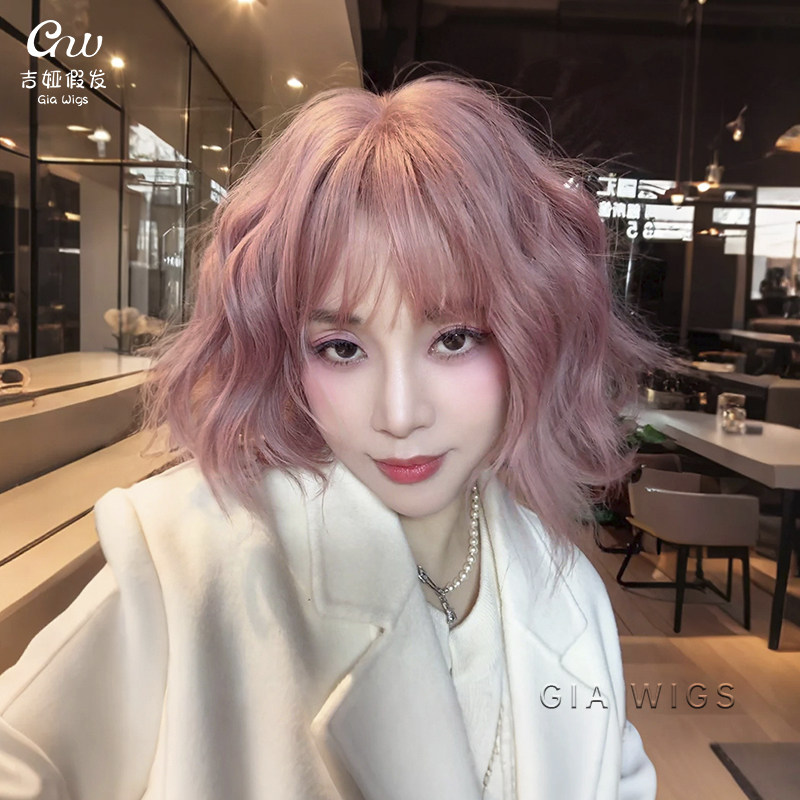 粉色假发女短发网红lolita自然jk假发芭比慵懒羊毛卷发短发齐刘海
