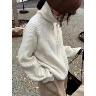 老钱风100%羊毛开衫女加厚宽松大码高领毛衣慵懒高级感针织外套