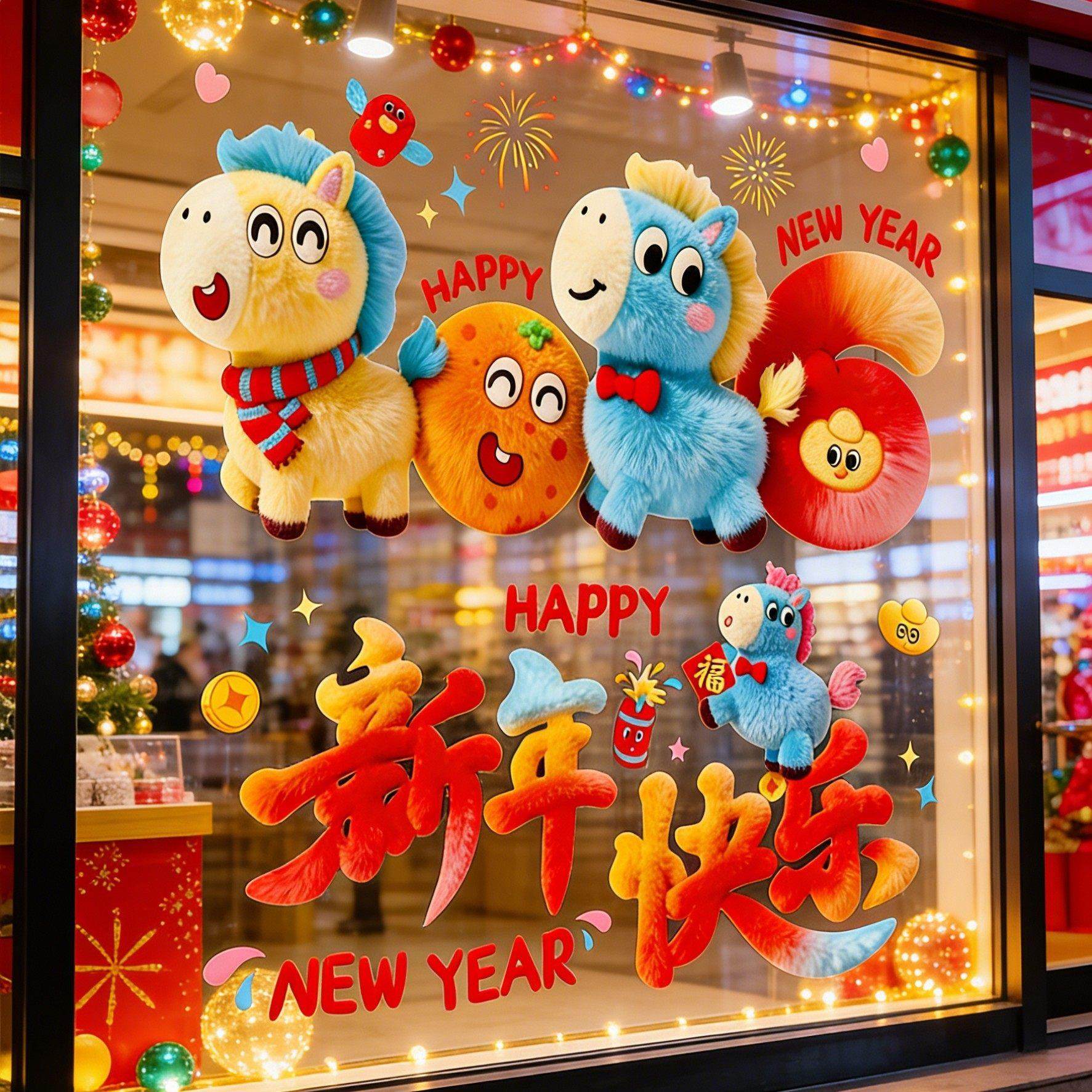 马年装饰窗花2026新款5D毛绒静电玻璃贴过年春节氛围布置橱窗贴纸