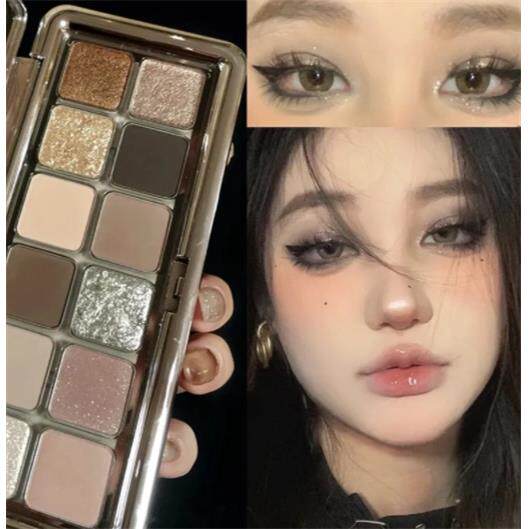 碎钻烟熏眼影盘女多功能新品12色ins超火珠光爆闪提亮大地冷茶棕