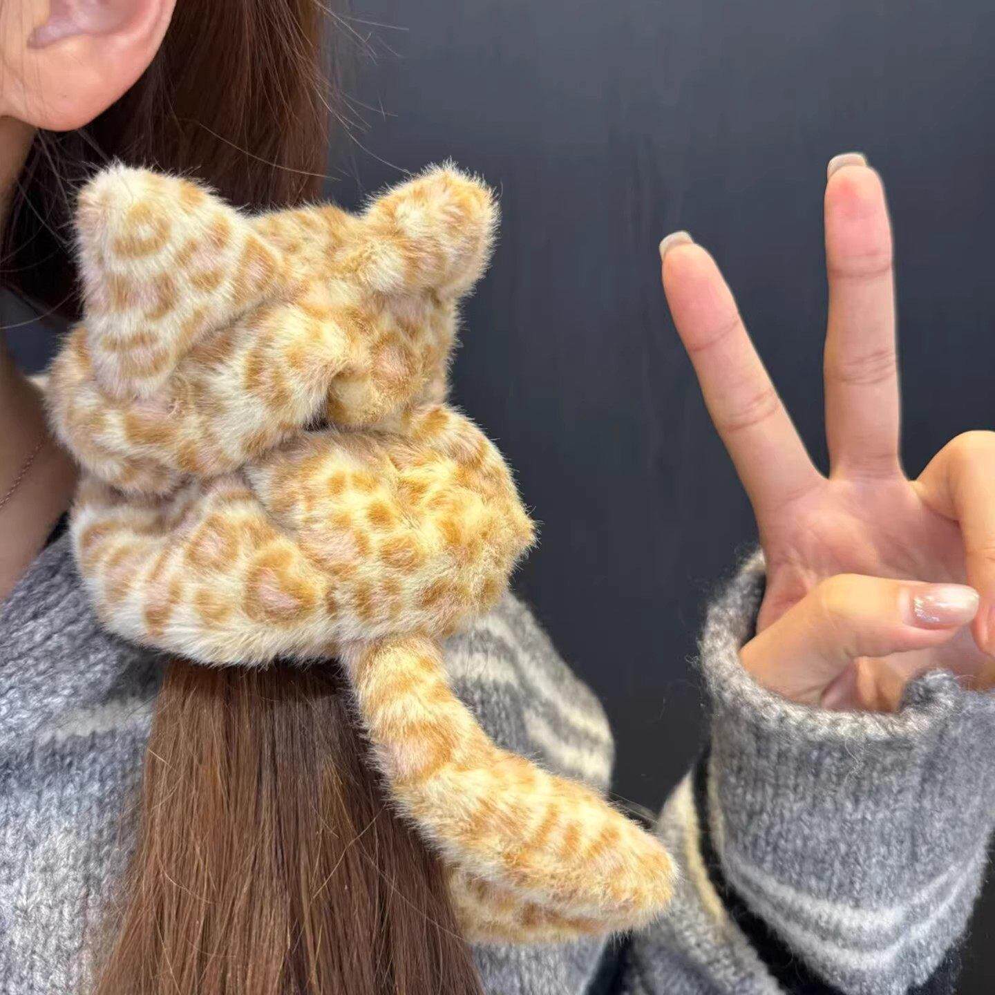 小猫发圈可爱猫耳朵!韩系毛绒豹纹猫咪发圈女大肠扎头绳巨好看的