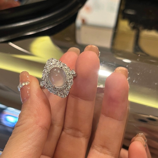 s925银天然白玉髓蛋面戒指围镶菱形水润冰透玉石食指戒百搭戒指女