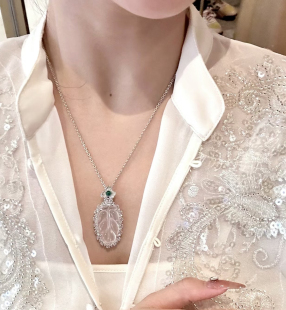 不掉色925银新中式 挂件项链锁骨链女 冰种叶子吊坠镶嵌钻项链女款