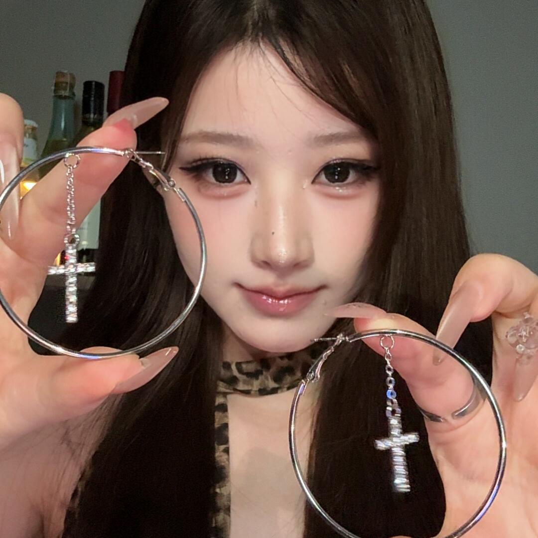 欧美夸张风镶钻十字架耳环女小众ins风高级设计感时尚耳坠耳饰品