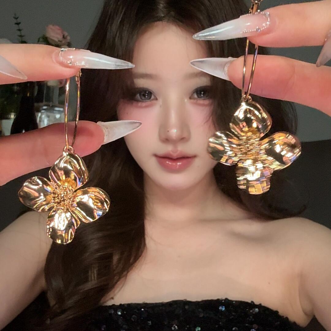 夸张金属感花朵耳环女欧美个性气质网红耳圈金色名媛礼服高级耳饰