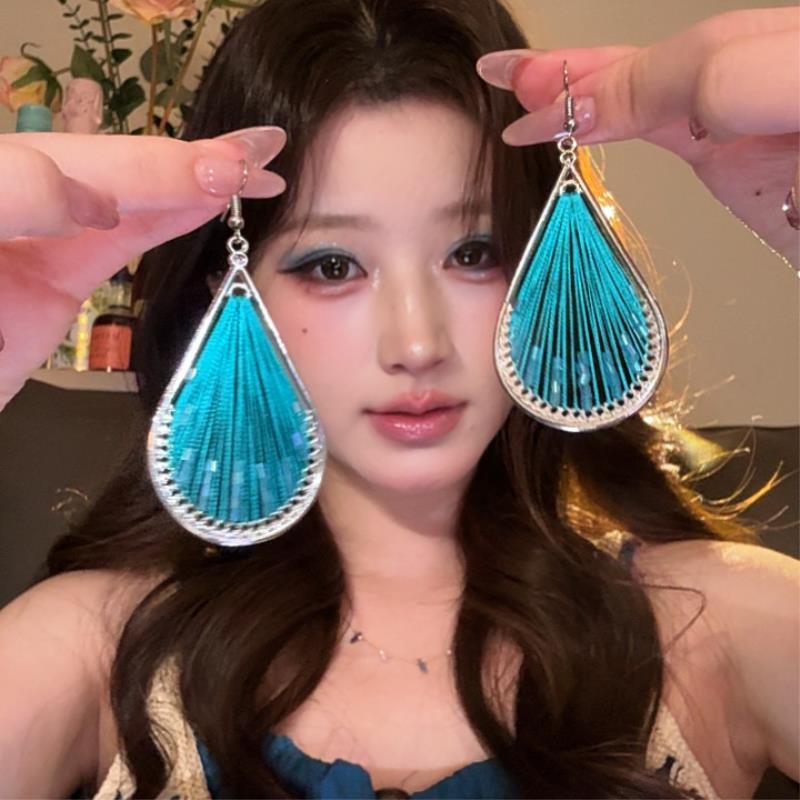 蓝色眼睛波西米亚耳坠复古个性长款流苏耳环欧美夸张水滴几何耳饰