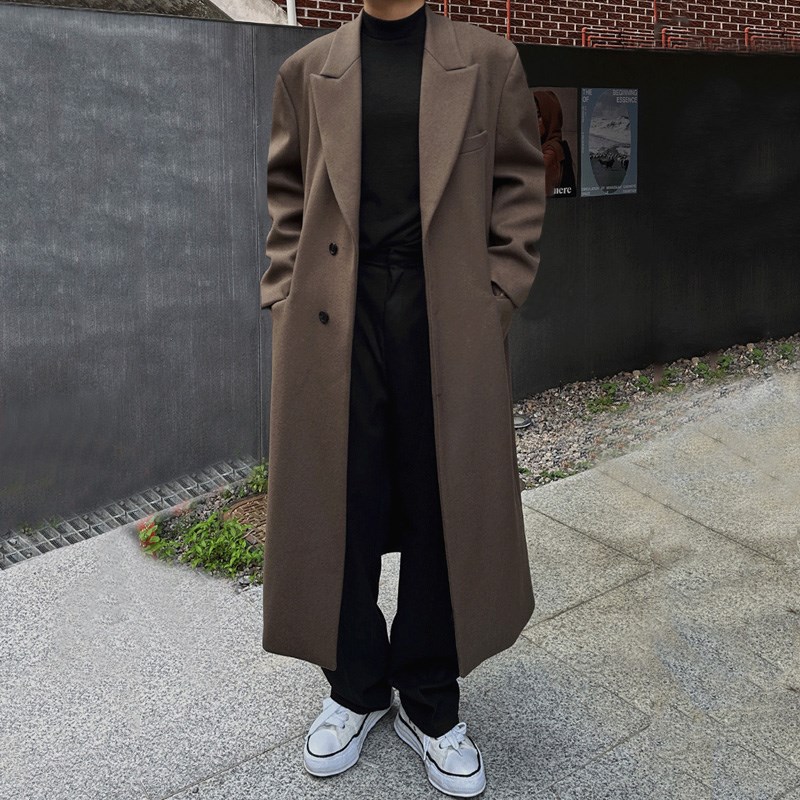 新款咖色毛呢大衣男中长款过膝单排扣英伦风呢子外套男士韩版宽松