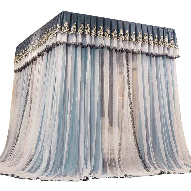 遮光导轨蚊帐三开门轨道家用高档落地双层公主加粗加厚加密防尘顶