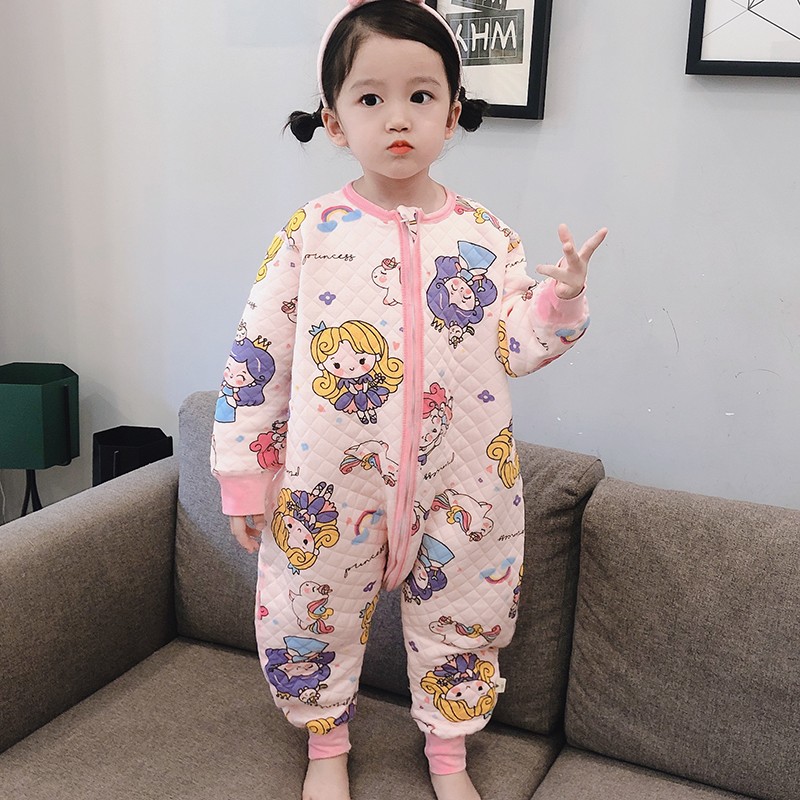 儿童睡袋秋冬女宝宝保暖防踢被分腿夹棉男童睡衣连体无骨纯棉厚款