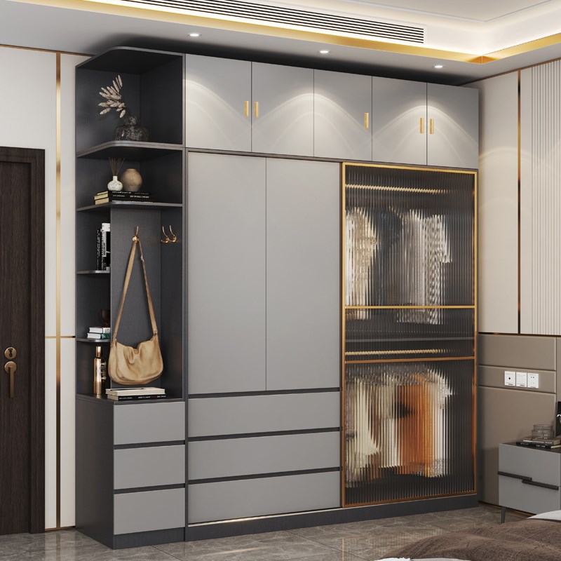 2023新款推拉门带开门组合现代家用卧室移门灰色意式轻奢衣柜
