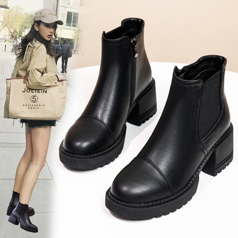 真皮高跟短靴靴子马丁靴女202z3新款女款冬跟冬季加绒英伦风秋冬