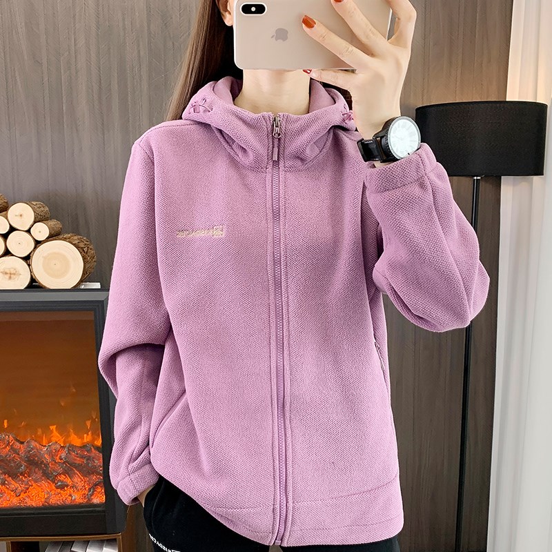 奥利绒户外运动休闲抓绒衣女秋冬加绒厚保暖透气连帽开衫保暖外套
