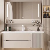 法式 浴室柜圆角陶瓷一体盆实木洗漱台智I能镜储物柜洗手洗脸盆组