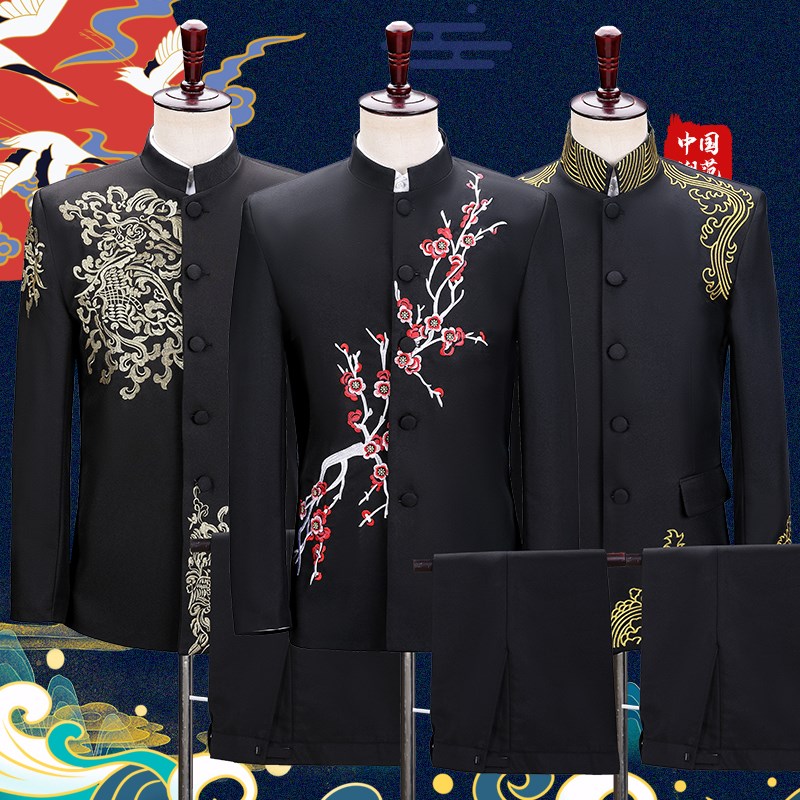 青年中山装中国风刺绣大合唱演出服男士舞台表演服主持人歌手服装