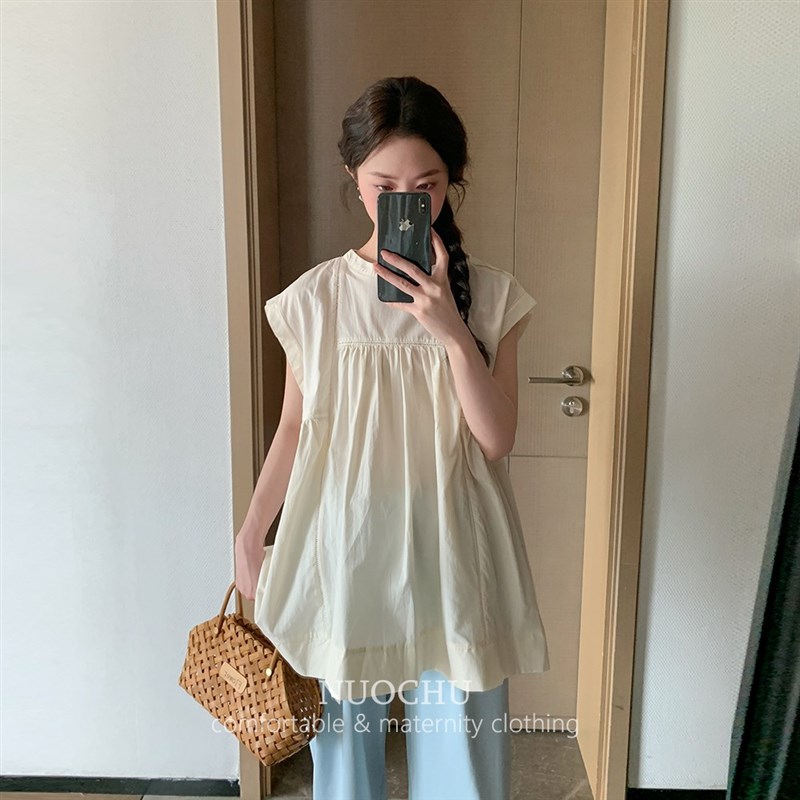 孕妇夏季新款衬衫独特蕾丝花边拼接无袖套头上衣遮肚子减龄衬衣