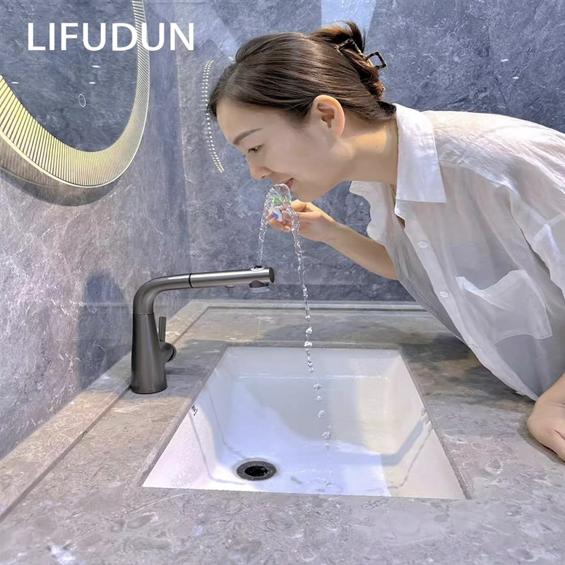 枪灰色抽拉式浴室柜洗脸盆水龙头洗手盆全铜冷热洗脸卫生间洗漱台