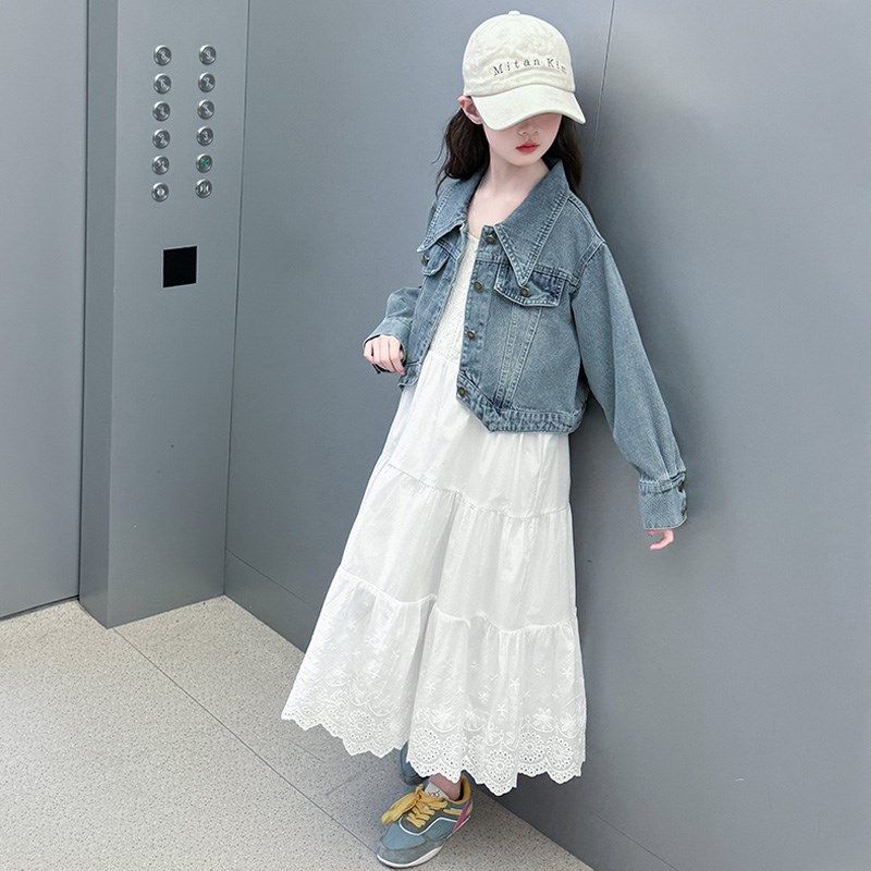 女童套装2025新款春秋儿童潮范韩版牛仔外套大童女孩吊带裙两件套