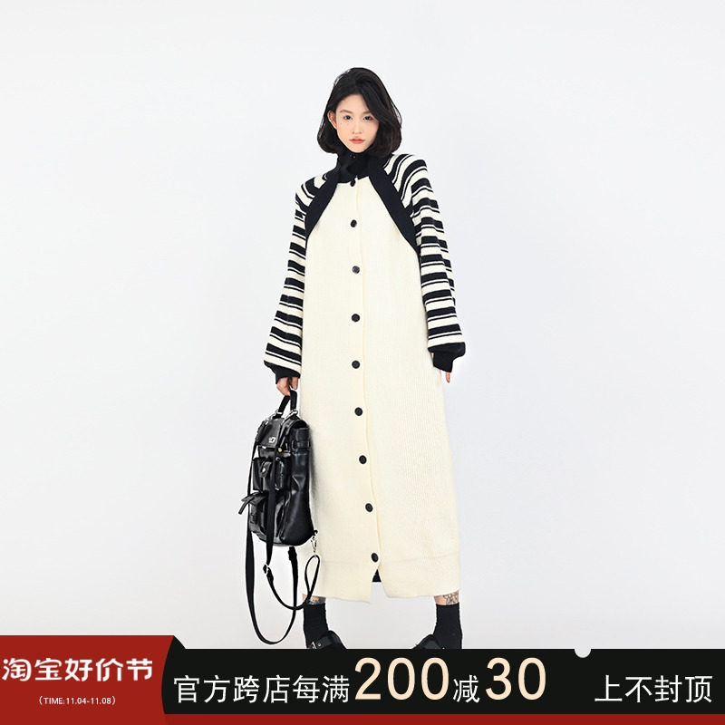吴童童 条纹拼接假两件针织毛衣裙女秋J冬韩系慵懒宽松直筒洋装图片