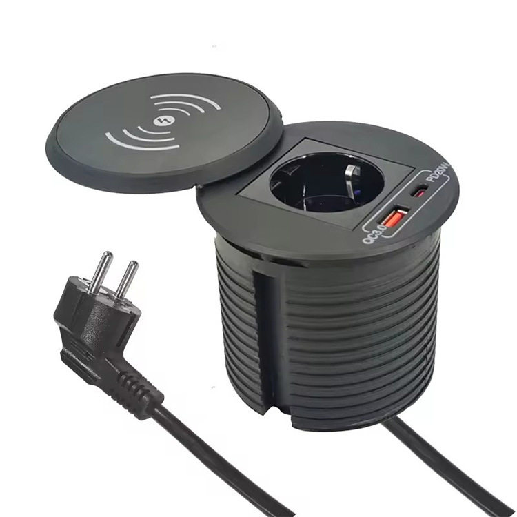 欧标无线充圆形电源插座配usb20W嵌入式欧标电源桌面插座含无线充