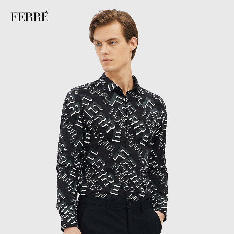 ferre费雷男装潮流花版字母衬衫男秋冬新款休闲上衣男821d383038