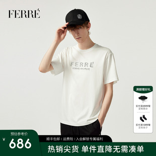 FERRE費(fèi)雷100%純棉牙刷繡logo短袖 T恤2025夏輕奢百搭寬松上衣男