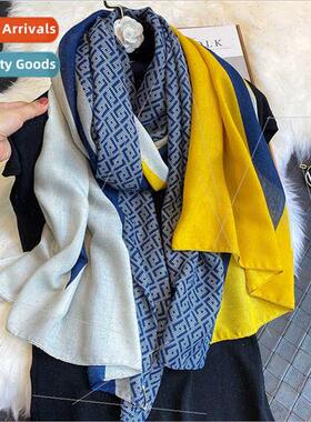 Korea cotton linen hfeel color blocking scarf female winter