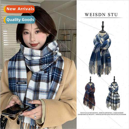 Blue plaid scarf faux cashmere women versatile scarf senior