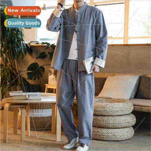 2023 spring summer new Chinese men cotton linen solid color