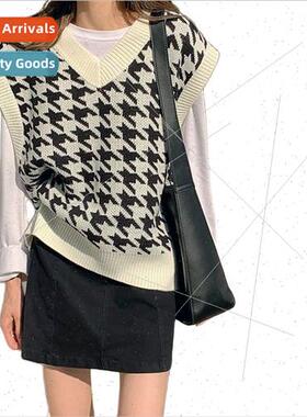 Women Sweater Vest Autumn Houndstooth Plaid V-neck Sleeveles