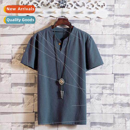 2022 summer new Japanese short-sleeved men linen solid color