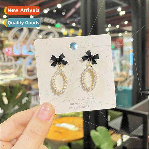 925 silver needle fashion black bow pearl oval earrings wome