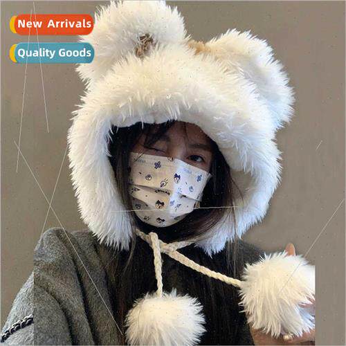 Cute bear hat female thickened plush fluffy winter ear prote