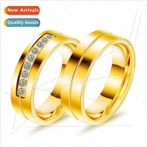 Stainless Steel Couple Ring Pair ngle Row Set Zirconium Gold
