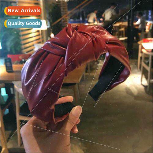 Solid color PU leather hair band female Korean wide side was