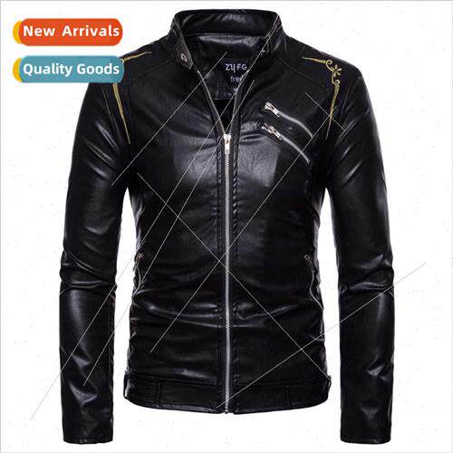 Men 2021 fall new leather jacket  American men court embroid