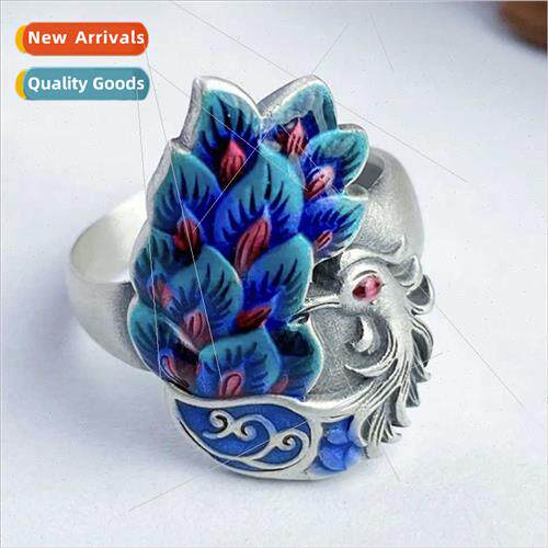 Enamel phoenix ring female retro do old burnt blue peacock o