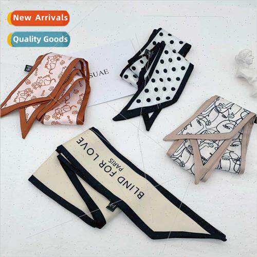 Ins summer narrow long silk scarf French vintage ribbon wrap