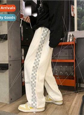 Casual tow pants men 2022 spring large size loose side plaid