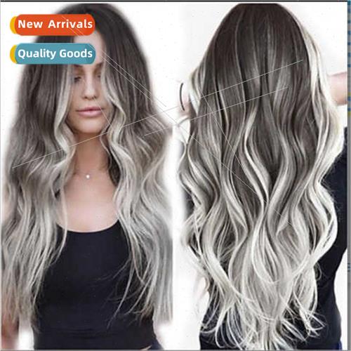 Europe Wig Women Gradient Gray Long Curly Rose Web Wig Set