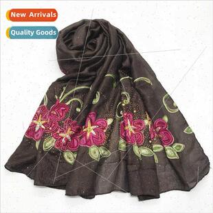 Monochrome Scarf Hot Drilling Embroidery Flower lk Scarf Dut