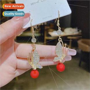 butterfly red pearl Fashion Korea diamond earrings fest full