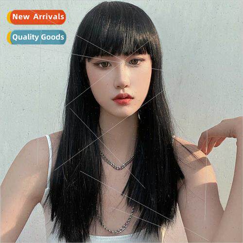 wig women black medium length comic bangs long locks hair