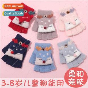Disposal half finger flap gloves kids winter half jacquard w