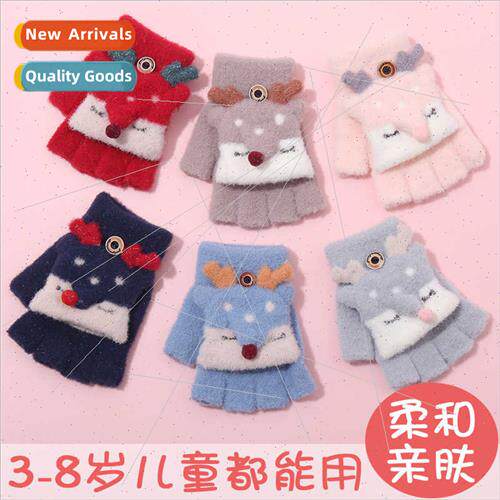 Disposal half finger flap gloves kids winter half jacquard w