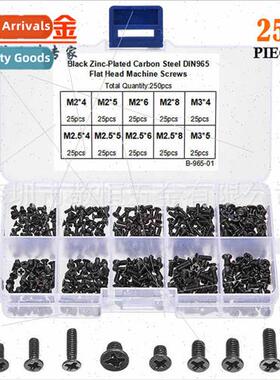 250pcs M2 M2.5 M3 Black Phillips Pan Head Machine Screws Ass