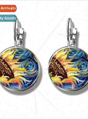 Fashion Van Gogh Art Starry ght Sunflower Earrings Glass Cab