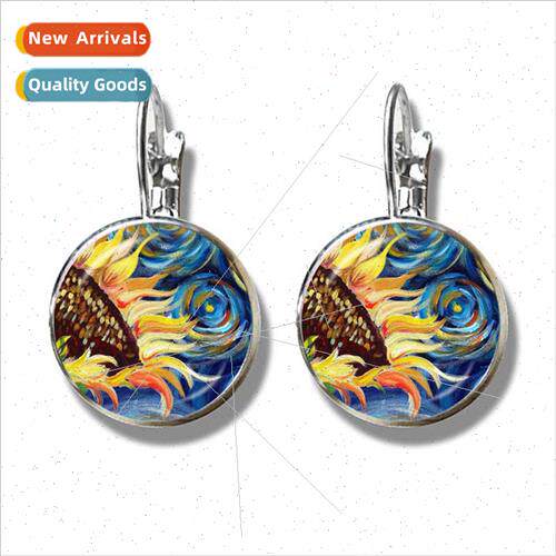 Fashion Van Gogh Art Starry ght Sunflower Earrings Glass Cab